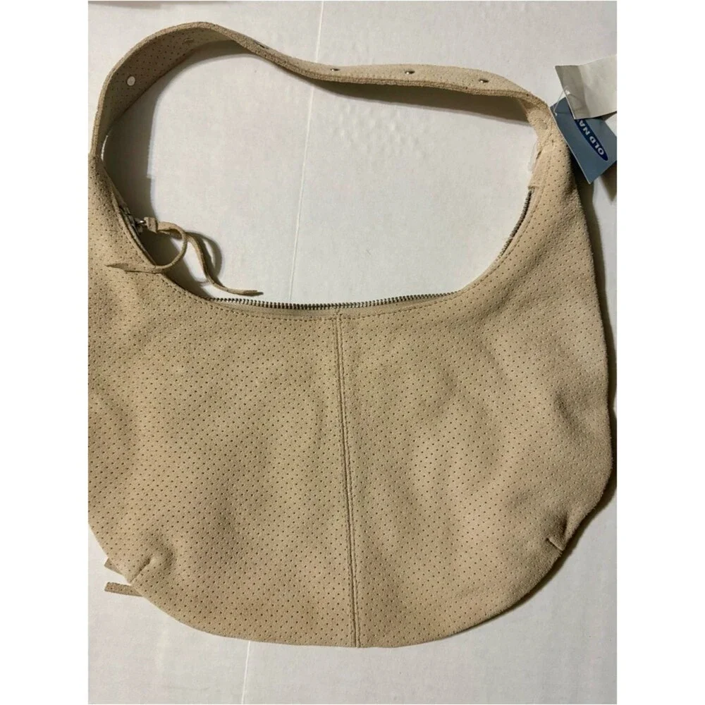 NWT Old Navy Perforated Suede Hobo Bag - Moto Studded Shoulder Bag - Beige